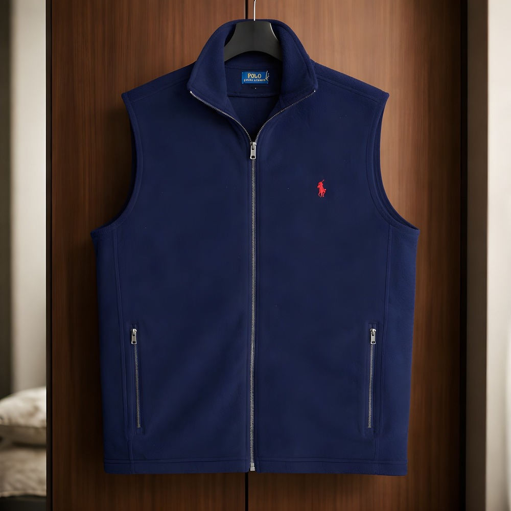 Polo Ralph Lauren Mens XL Navy Blue Fleece Full Zip Vest Red Pony Logo Mock Neck